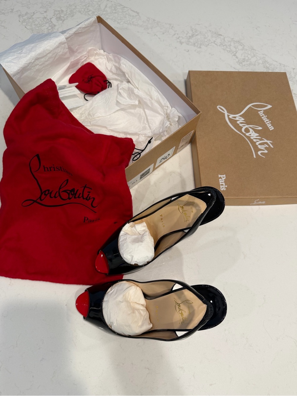 Christian Louboutin Black Patent Peep-Toe Pumps with Red Toe Cap